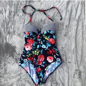 floral striped one piece swim suit